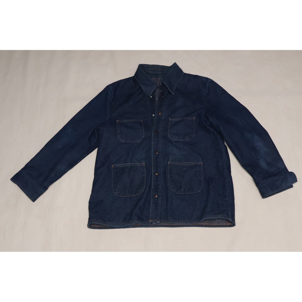 Vintage 60s 70s Denim Blanket Lined Chore Coat 4 Pocket Snap Workwear USA